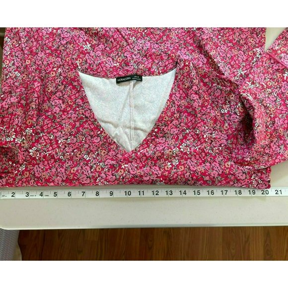 NoraCora Women's Pink Floral V-Neck Shirt Dress Size Small Trumpet Sleeve - Picture 10 of 11